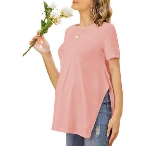Ekouaer Women’s Maternity Shirts Short Sleeve Pregnancy Tops Blouses Split Side Casual Crewneck Pregnant Tunic Tee(Pink)