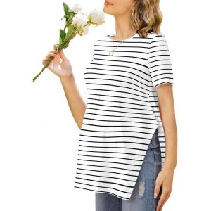 Ekouaer Women’s Maternity Shirts Short Sleeve Pregnancy Tops Blouses Split Side Casual Crewneck Pregnant Tunic Tee(White Black Stripe)