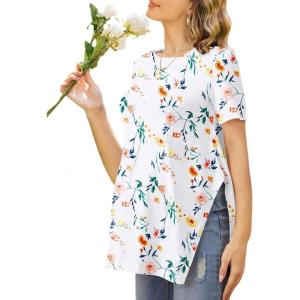 Ekouaer Women’s Maternity Shirts Short Sleeve Pregnancy Tops Blouses Split Side Casual Crewneck Pregnant Tunic Tee(White Lucky Floral)