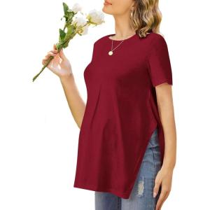 Ekouaer Women’s Maternity Shirts Short Sleeve Pregnancy Tops Blouses Split Side Casual Crewneck Pregnant Tunic Tee(Wine Red)
