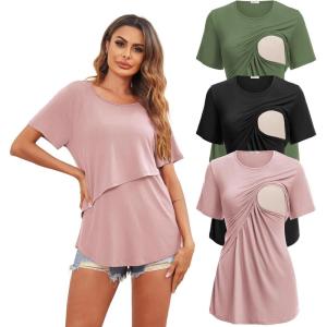 Ekouaer Women’s Maternity Shirts Short Sleeves Nursing Tops 3 Pack Double Laye Breastfeeding Tees Pregnancy Clothes S-XXL(3pcs- Black + Army Green + Dirty Pink)