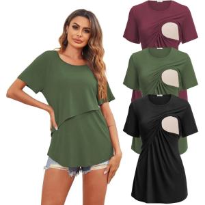 Ekouaer Women’s Maternity Shirts Short Sleeves Nursing Tops 3 Pack Double Laye Breastfeeding Tees Pregnancy Clothes S-XXL(3pcs- Black + Army Green + Red)