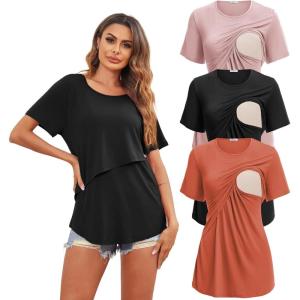 Ekouaer Women’s Maternity Shirts Short Sleeves Nursing Tops 3 Pack Double Laye Breastfeeding Tees Pregnancy Clothes S-XXL(3pcs- Black + Caramel + Dirty Pink)