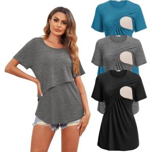Ekouaer Women’s Maternity Shirts Short Sleeves Nursing Tops 3 Pack Double Laye Breastfeeding Tees Pregnancy Clothes S-XXL(3pcs- Black + Deep Grey + Blue Green)