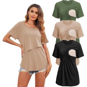 Ekouaer Women’s Maternity Shirts Short Sleeves Nursing Tops 3 Pack Double Laye Breastfeeding Tees Pregnancy Clothes S-XXL(3pcs- Black + Khaki + Army Green)