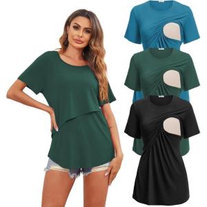 Ekouaer Women’s Maternity Shirts Short Sleeves Nursing Tops 3 Pack Double Laye Breastfeeding Tees Pregnancy Clothes S-XXL(3pcs- Black + Lake Green + Teal)