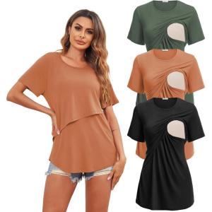 Ekouaer Women’s Maternity Shirts Short Sleeves Nursing Tops 3 Pack Double Laye Breastfeeding Tees Pregnancy Clothes S-XXL(3pcs- Black + Light Brown + Deep Army Green)