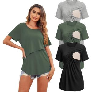 Ekouaer Women’s Maternity Shirts Short Sleeves Nursing Tops 3 Pack Double Laye Breastfeeding Tees Pregnancy Clothes S-XXL(3pcs- Black + Light Grey + Deep Army Green)