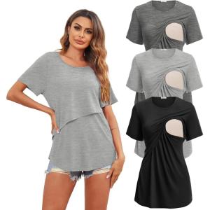 Ekouaer Women’s Maternity Shirts Short Sleeves Nursing Tops 3 Pack Double Laye Breastfeeding Tees Pregnancy Clothes S-XXL(3pcs- Black + Light Grey + Deep Grey)