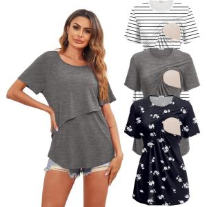 Ekouaer Women’s Maternity Shirts Short Sleeves Nursing Tops 3 Pack Double Laye Breastfeeding Tees Pregnancy Clothes S-XXL(3pcs- Deep Grey + Floral Grey + Stripe Black & White)