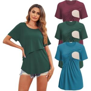 Ekouaer Women’s Maternity Shirts Short Sleeves Nursing Tops 3 Pack Double Laye Breastfeeding Tees Pregnancy Clothes S-XXL(3pcs- Red + Lake Green + Blue Green)