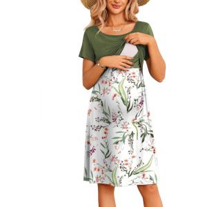 Ekouaer Women’s Nursing Dress Summer Short Sleeve Patchwork Maternity Breastfeeding Knee Length Dress(White-green Leaf)