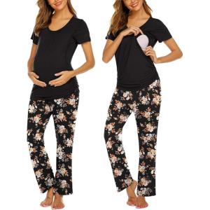 Ekouaer Womens Nursing Pajamas Maternity Breastfeeding Pjs Sleepwear Layer Soft Postpartum Lounge Set Pregnancy Clothes(B Floral Black)