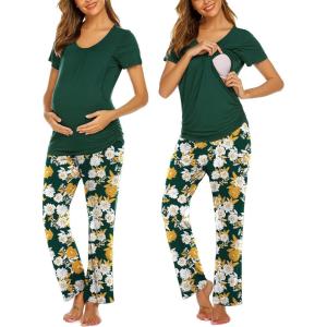 Ekouaer Womens Nursing Pajamas Maternity Breastfeeding Pjs Sleepwear Layer Soft Postpartum Lounge Set Pregnancy Clothes(B Floral Green)