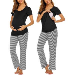 Ekouaer Womens Nursing Pajamas Maternity Breastfeeding Pjs Sleepwear Layer Soft Postpartum Lounge Set Pregnancy Clothes(B Stripe Black)