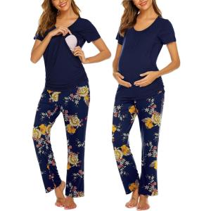 Ekouaer Womens Nursing Pajamas Maternity Breastfeeding Pjs Sleepwear Layer Soft Postpartum Lounge Set Pregnancy Clothes(Floral Navy Blue)