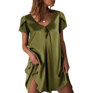 Ekouaer Women’s Satin Nightgown Short Sleeve Sleepdress V-Neck Sleepwear Loose Silk Sleepshirt(Army Green)