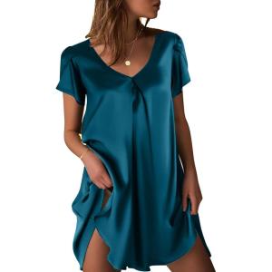 Ekouaer Women’s Satin Nightgown Short Sleeve Sleepdress V-Neck Sleepwear Loose Silk Sleepshirt(Blue Green)