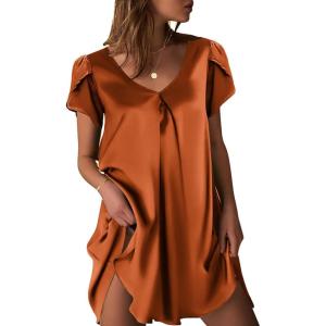 Ekouaer Women’s Satin Nightgown Short Sleeve Sleepdress V-Neck Sleepwear Loose Silk Sleepshirt(Chocolate)