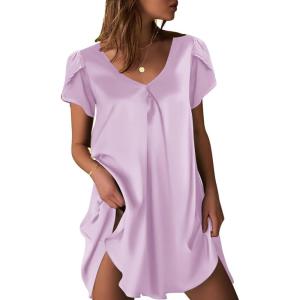 Ekouaer Women’s Satin Nightgown Short Sleeve Sleepdress V-Neck Sleepwear Loose Silk Sleepshirt(Lavender)