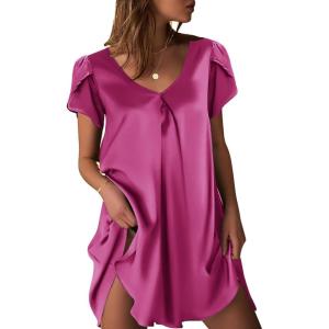 Ekouaer Women’s Satin Nightgown Short Sleeve Sleepdress V-Neck Sleepwear Loose Silk Sleepshirt(Rose Red)