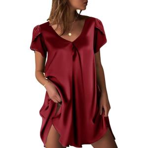 Ekouaer Women’s Satin Nightgown Short Sleeve Sleepdress V-Neck Sleepwear Loose Silk Sleepshirt(Wine Red)