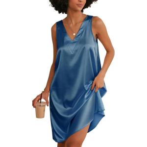 Ekouaer Women’s Satin Silk Nightgown V Neck Nightie Tank Sleepshirt Sleeveless Summer Dress Comfy Loungewear(Blue)