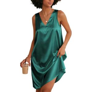 Ekouaer Women’s Satin Silk Nightgown V Neck Nightie Tank Sleepshirt Sleeveless Summer Dress Comfy Loungewear(Blue Green)