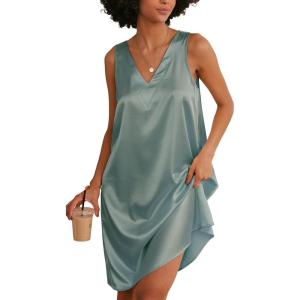 Ekouaer Women’s Satin Silk Nightgown V Neck Nightie Tank Sleepshirt Sleeveless Summer Dress Comfy Loungewear(Light Green)