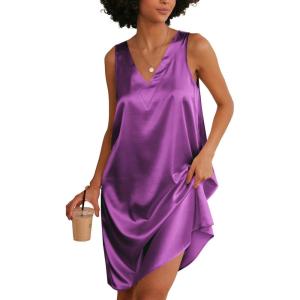 Ekouaer Women’s Satin Silk Nightgown V Neck Nightie Tank Sleepshirt Sleeveless Summer Dress Comfy Loungewear(Purple)