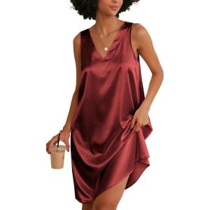 Ekouaer Women’s Satin Silk Nightgown V Neck Nightie Tank Sleepshirt Sleeveless Summer Dress Comfy Loungewear(Wine Red)