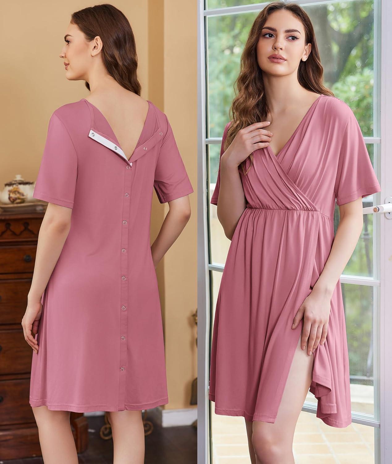 imageEkouaer Labor and Delivery Gown for Hospital Short Sleeve Maternity Nursing Dress Nightgown with Button SXXLGrey Purple