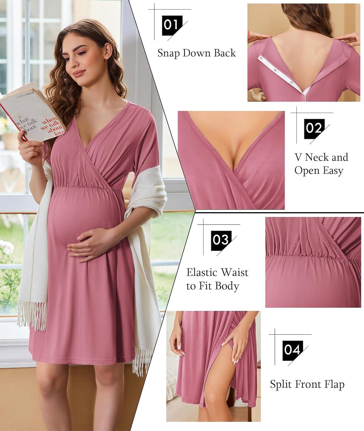 imageEkouaer Labor and Delivery Gown for Hospital Short Sleeve Maternity Nursing Dress Nightgown with Button SXXLGrey Purple