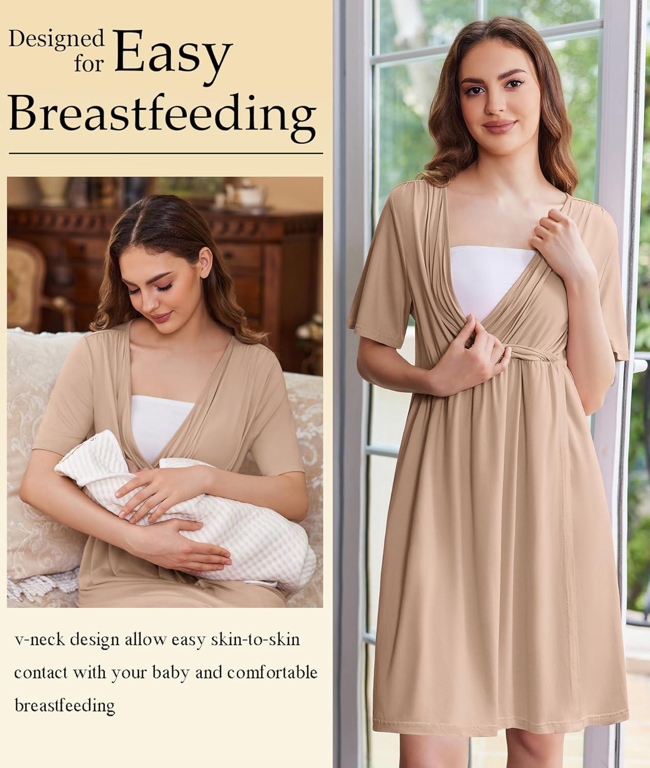 imageEkouaer Labor and Delivery Gown for Hospital Short Sleeve Maternity Nursing Dress Nightgown with Button SXXLKhaki
