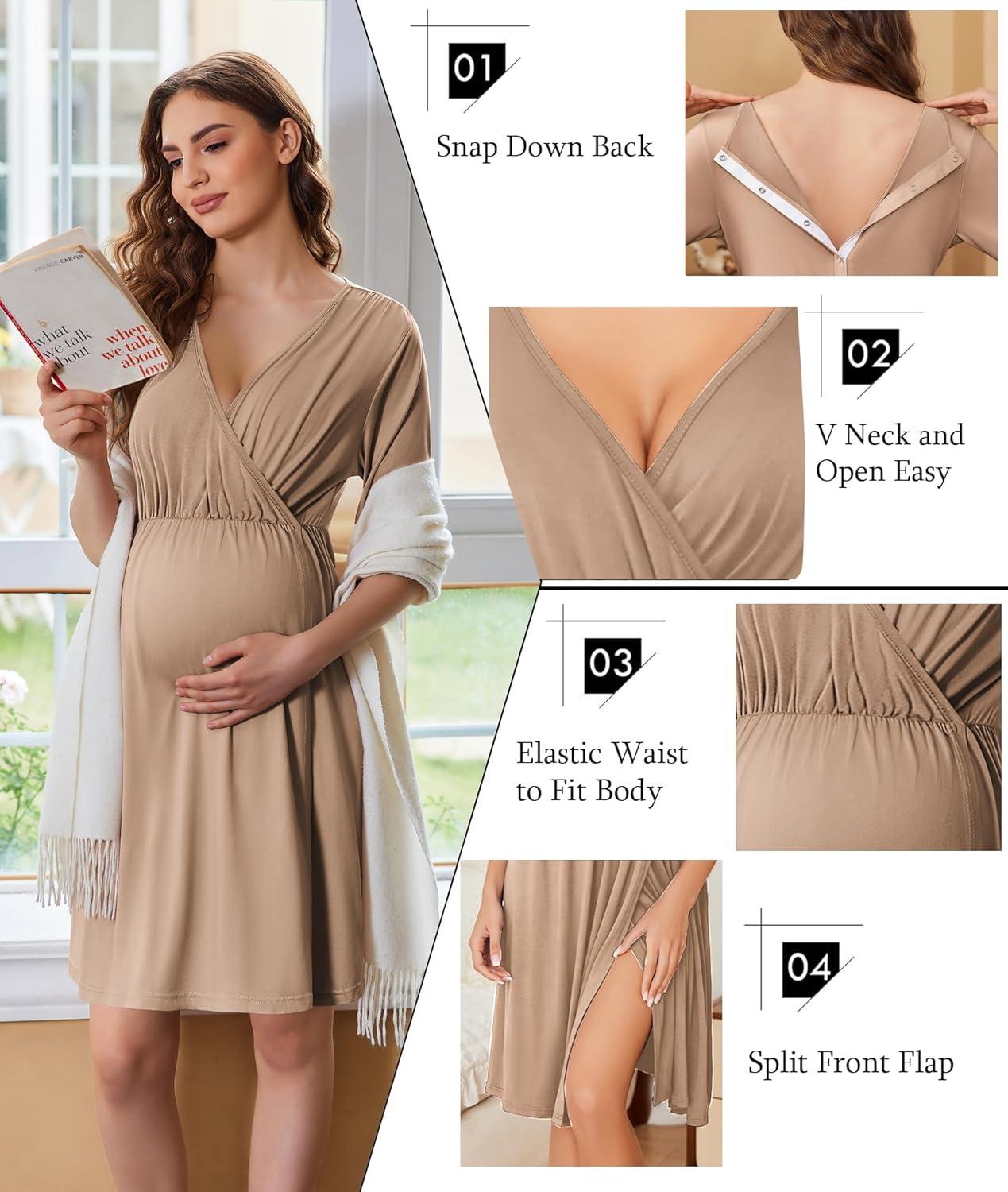 imageEkouaer Labor and Delivery Gown for Hospital Short Sleeve Maternity Nursing Dress Nightgown with Button SXXLKhaki