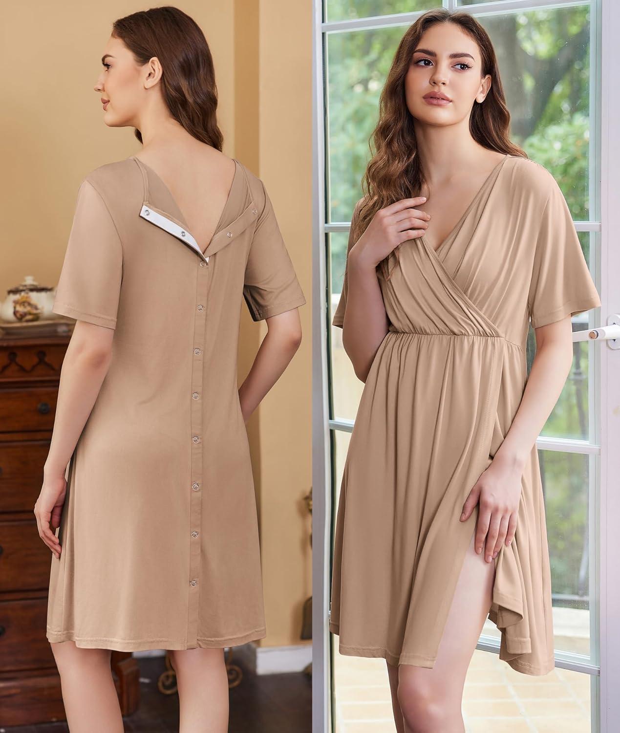 imageEkouaer Labor and Delivery Gown for Hospital Short Sleeve Maternity Nursing Dress Nightgown with Button SXXLKhaki