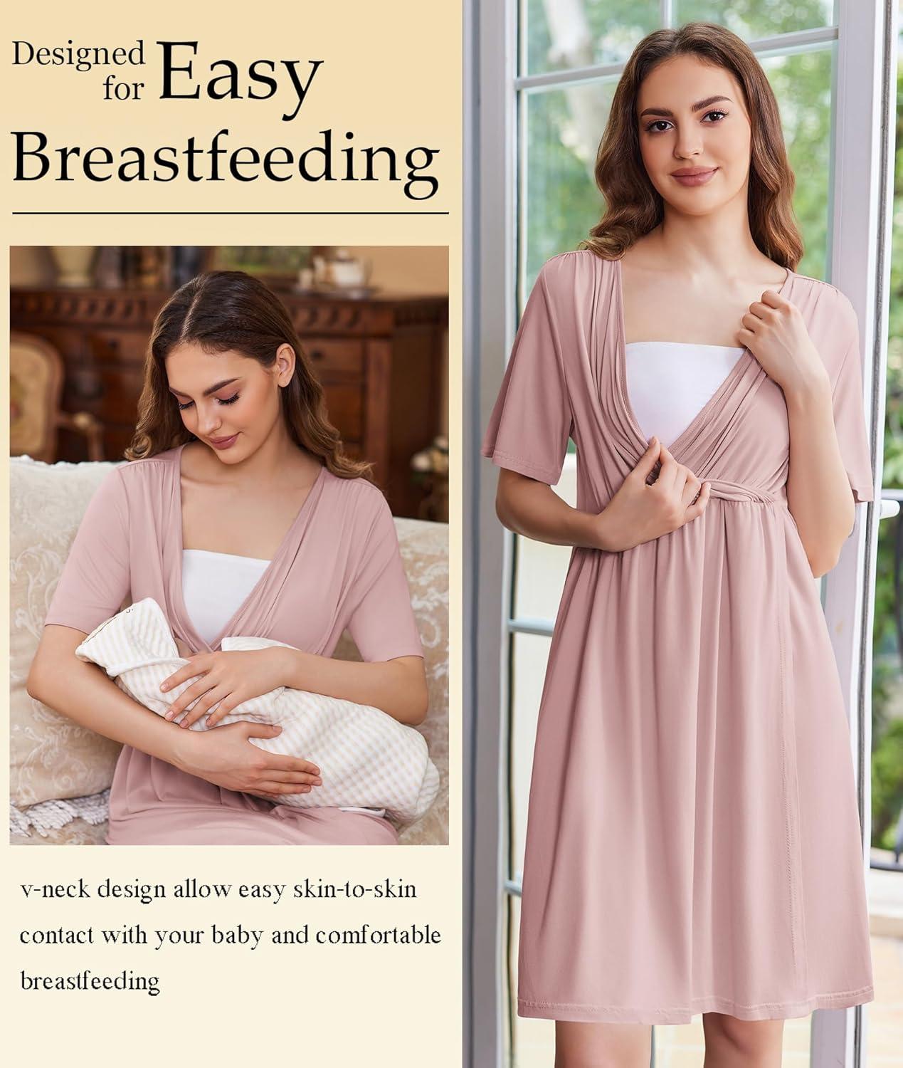 imageEkouaer Labor and Delivery Gown for Hospital Short Sleeve Maternity Nursing Dress Nightgown with Button SXXLMauve