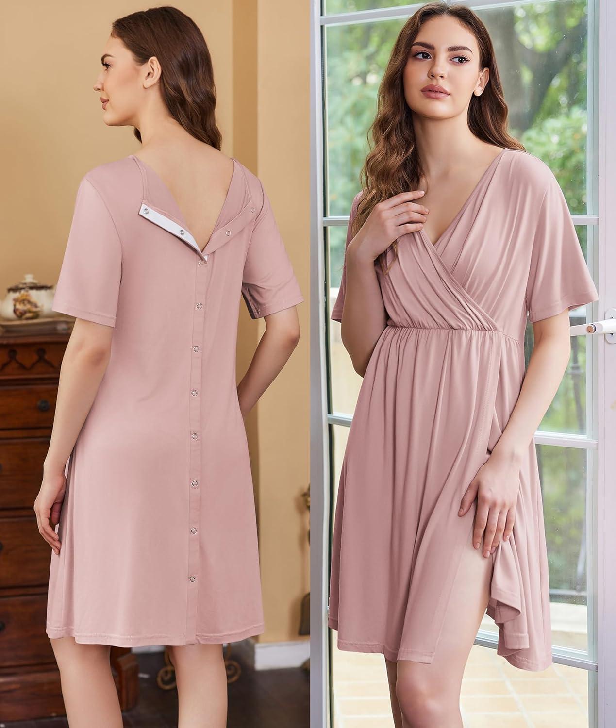 imageEkouaer Labor and Delivery Gown for Hospital Short Sleeve Maternity Nursing Dress Nightgown with Button SXXLMauve