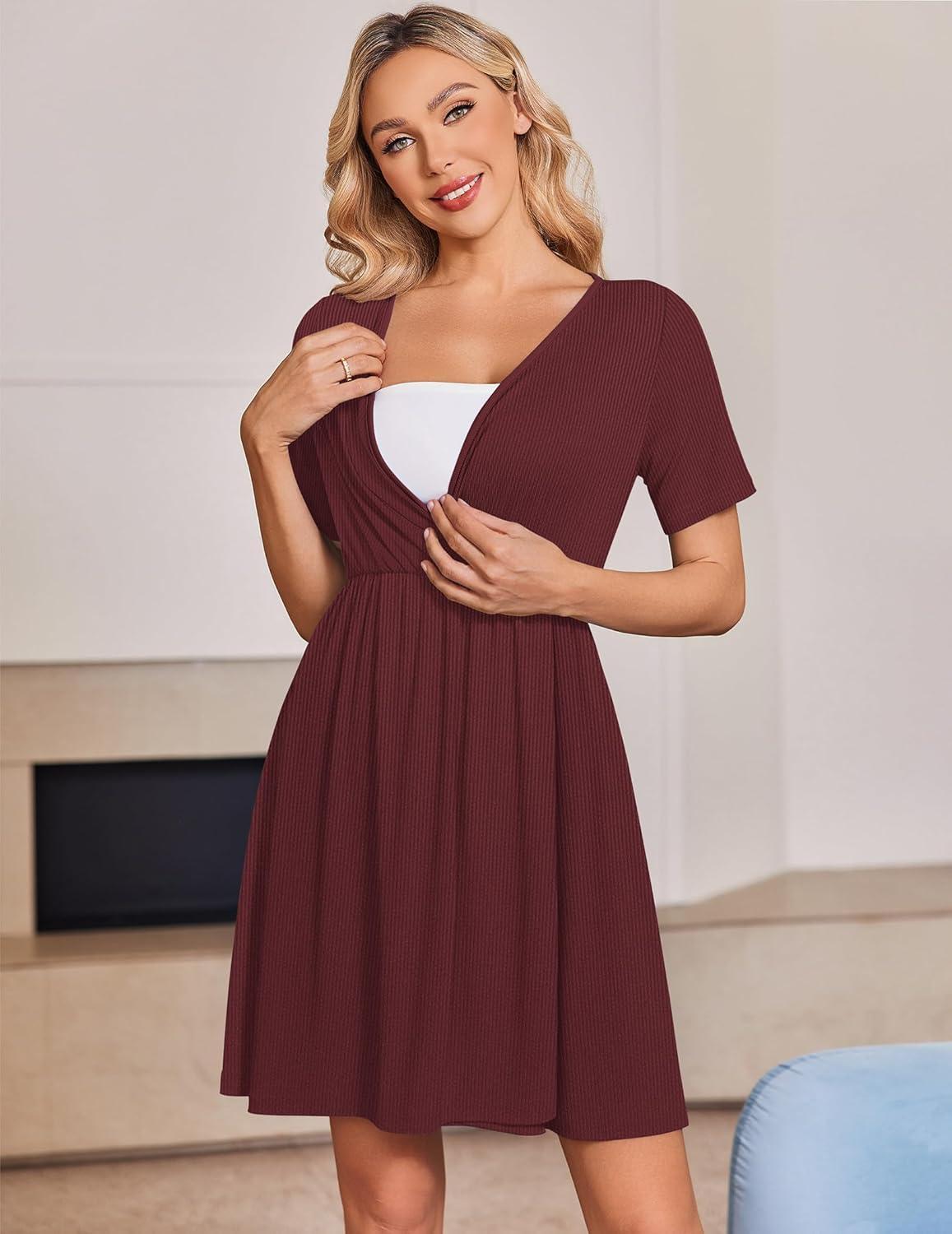 imageEkouaer Maternity Nursing Dress V Neck Short Sleeve Breastfeeding Dresses Ribbed Knit Pregnancy Clothes SXXLMaroon