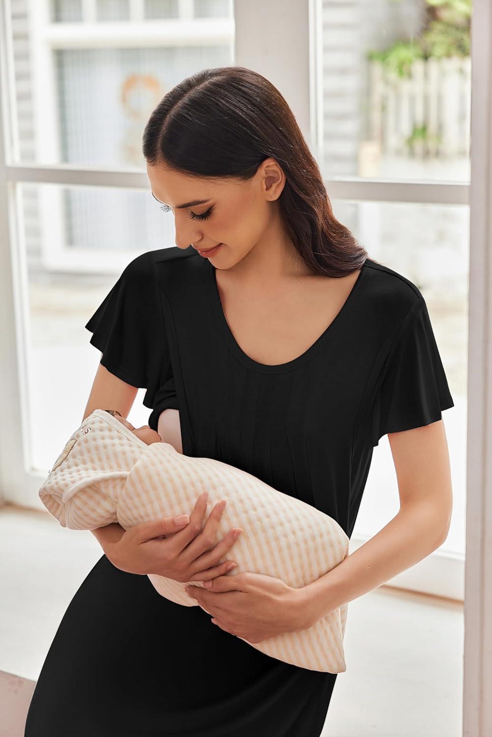 imageEkouaer Nursing Nightgown Labor and Delivery Gown Hospital Breastfeeding Dress for Women Short Sleeve Maternity SleepwearBlack