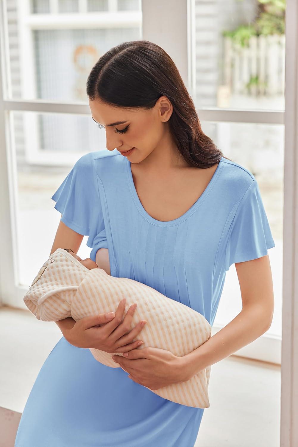 imageEkouaer Nursing Nightgown Labor and Delivery Gown Hospital Breastfeeding Dress for Women Short Sleeve Maternity SleepwearBlue