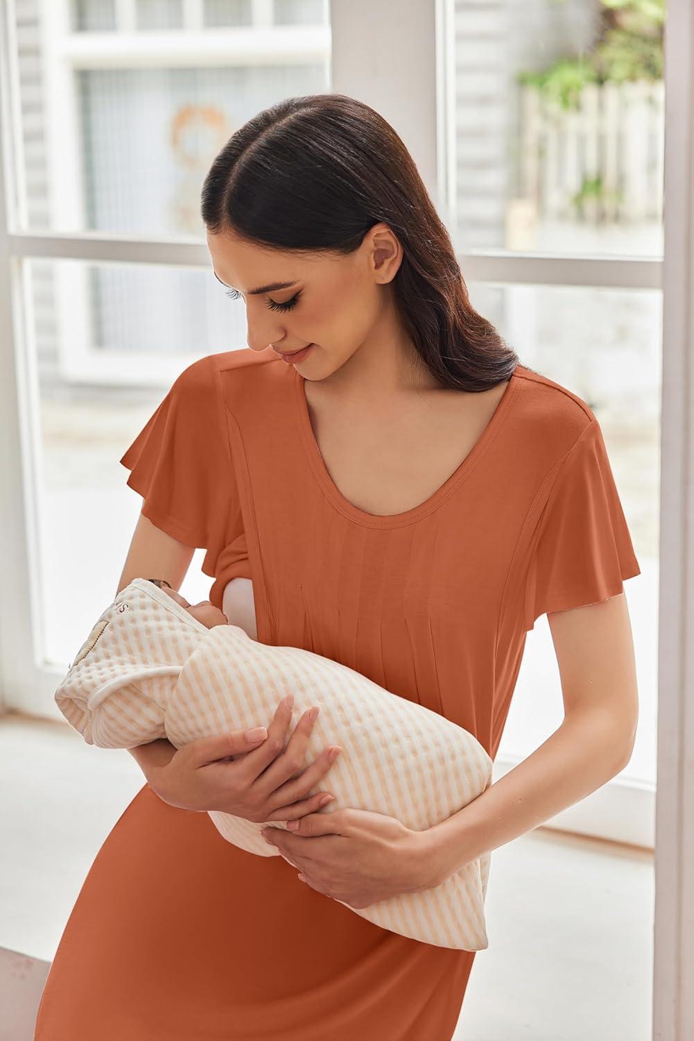 imageEkouaer Nursing Nightgown Labor and Delivery Gown Hospital Breastfeeding Dress for Women Short Sleeve Maternity SleepwearBrick Red