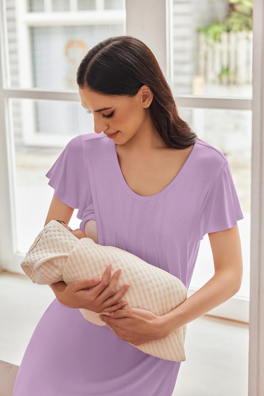 imageEkouaer Nursing Nightgown Labor and Delivery Gown Hospital Breastfeeding Dress for Women Short Sleeve Maternity SleepwearG Purple