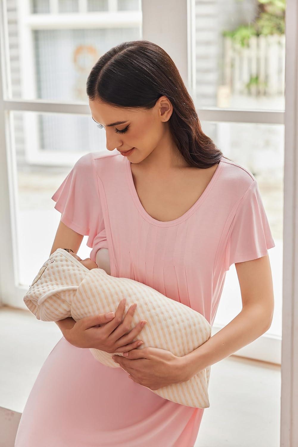 imageEkouaer Nursing Nightgown Labor and Delivery Gown Hospital Breastfeeding Dress for Women Short Sleeve Maternity SleepwearPink