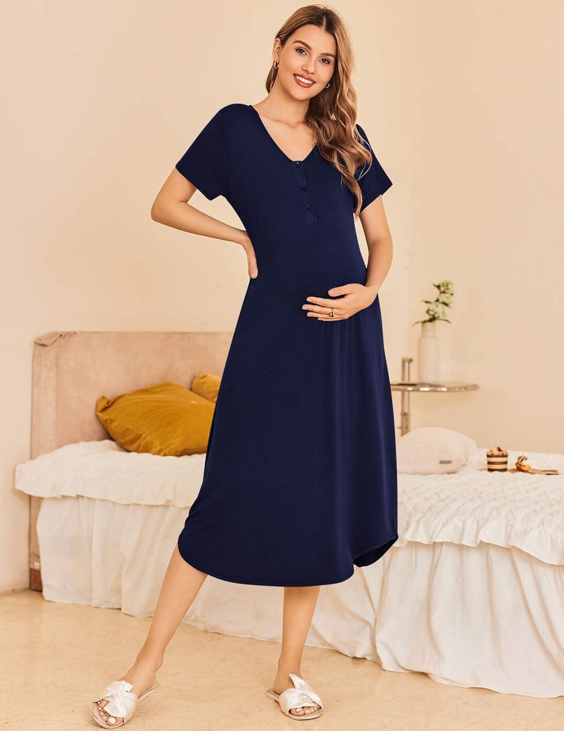 imageEkouaer Womens Maternity Nightgown for Hospital Pregnancy Long Nightgowns Nursing Night Gown for BreastfeedingNavy Blue