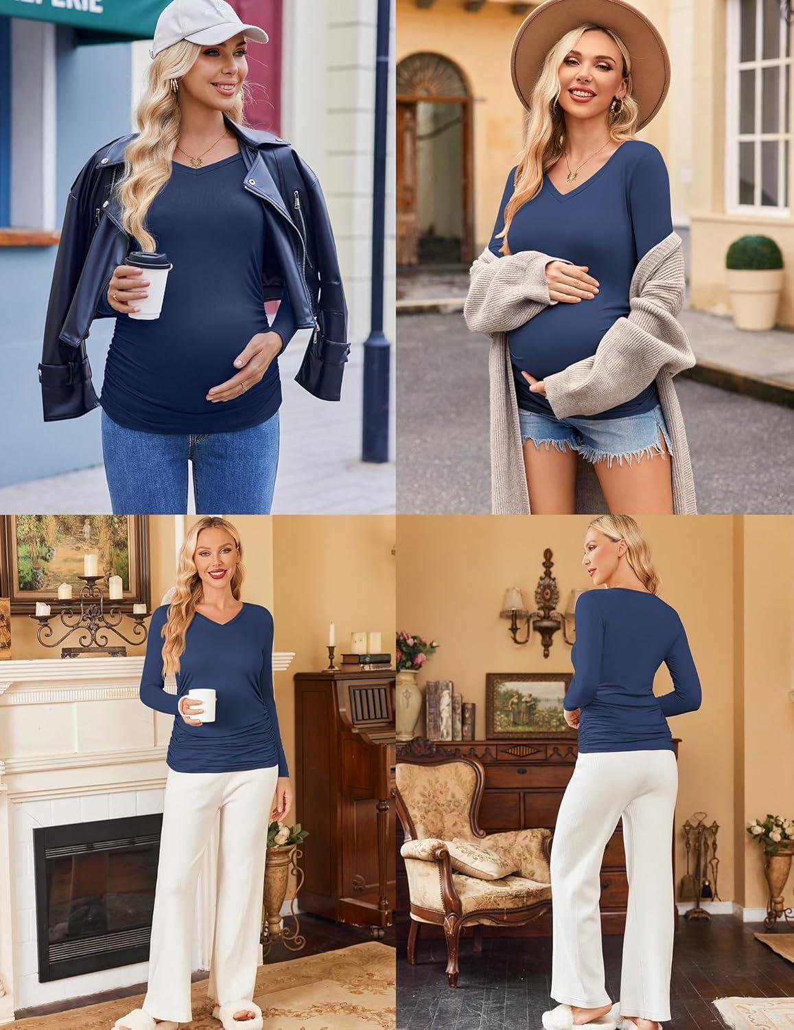 imageEkouaer Womens Maternity Shirts Long Sleeve 3 Packs Pregnancy VNeck Clothes Side Ruched Blouse Tops for Mama SXXLBlackDark GreyNavy Blue
