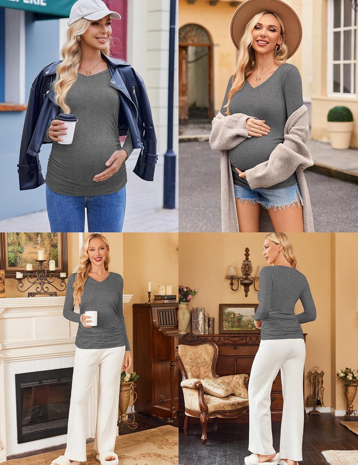 imageEkouaer Womens Maternity Shirts Long Sleeve 3 Packs Pregnancy VNeck Clothes Side Ruched Blouse Tops for Mama SXXLBlackDark GreyNavy Blue