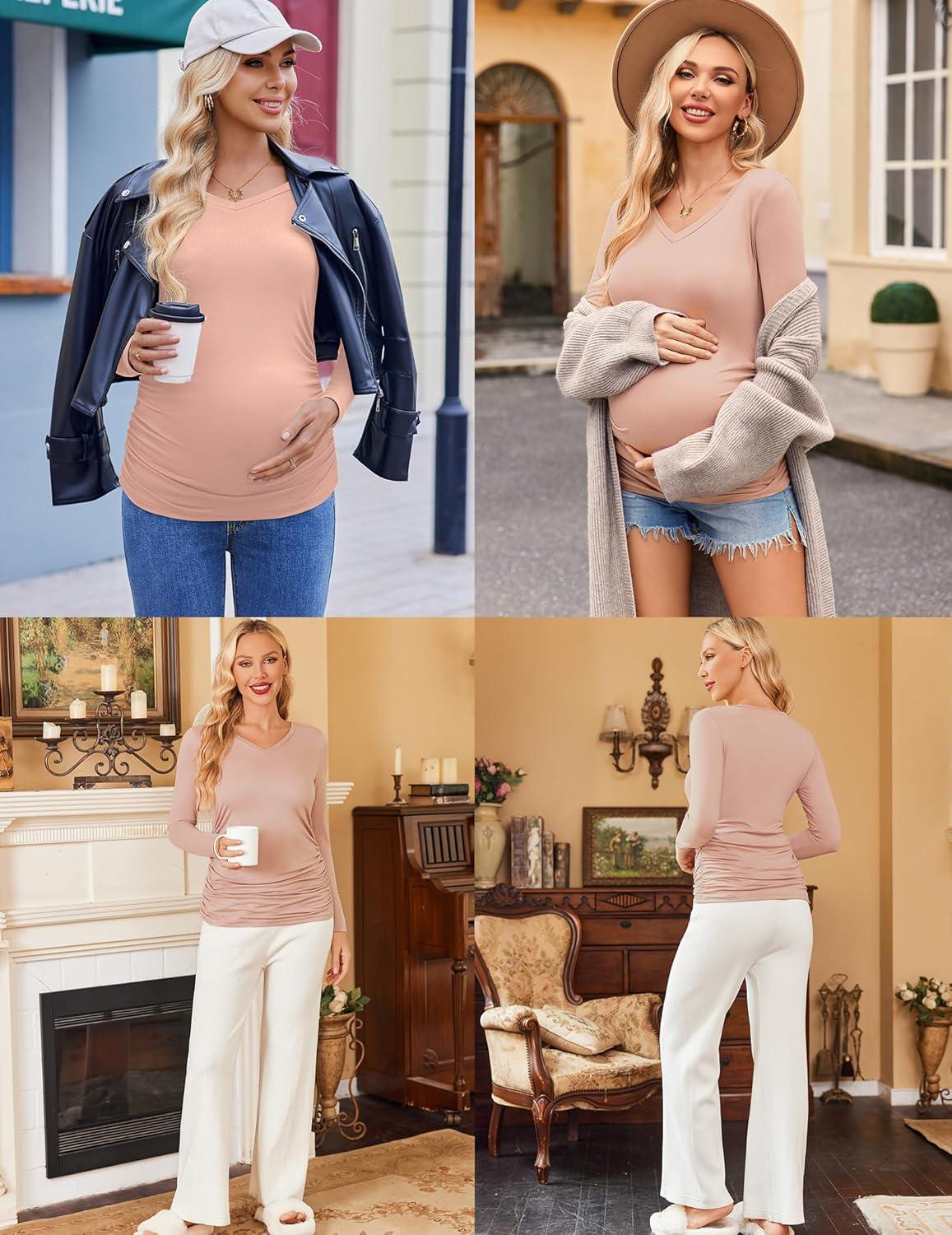 imageEkouaer Womens Maternity Shirts Long Sleeve 3 Packs Pregnancy VNeck Clothes Side Ruched Blouse Tops for Mama SXXLBlackLight GreyDirty Pink
