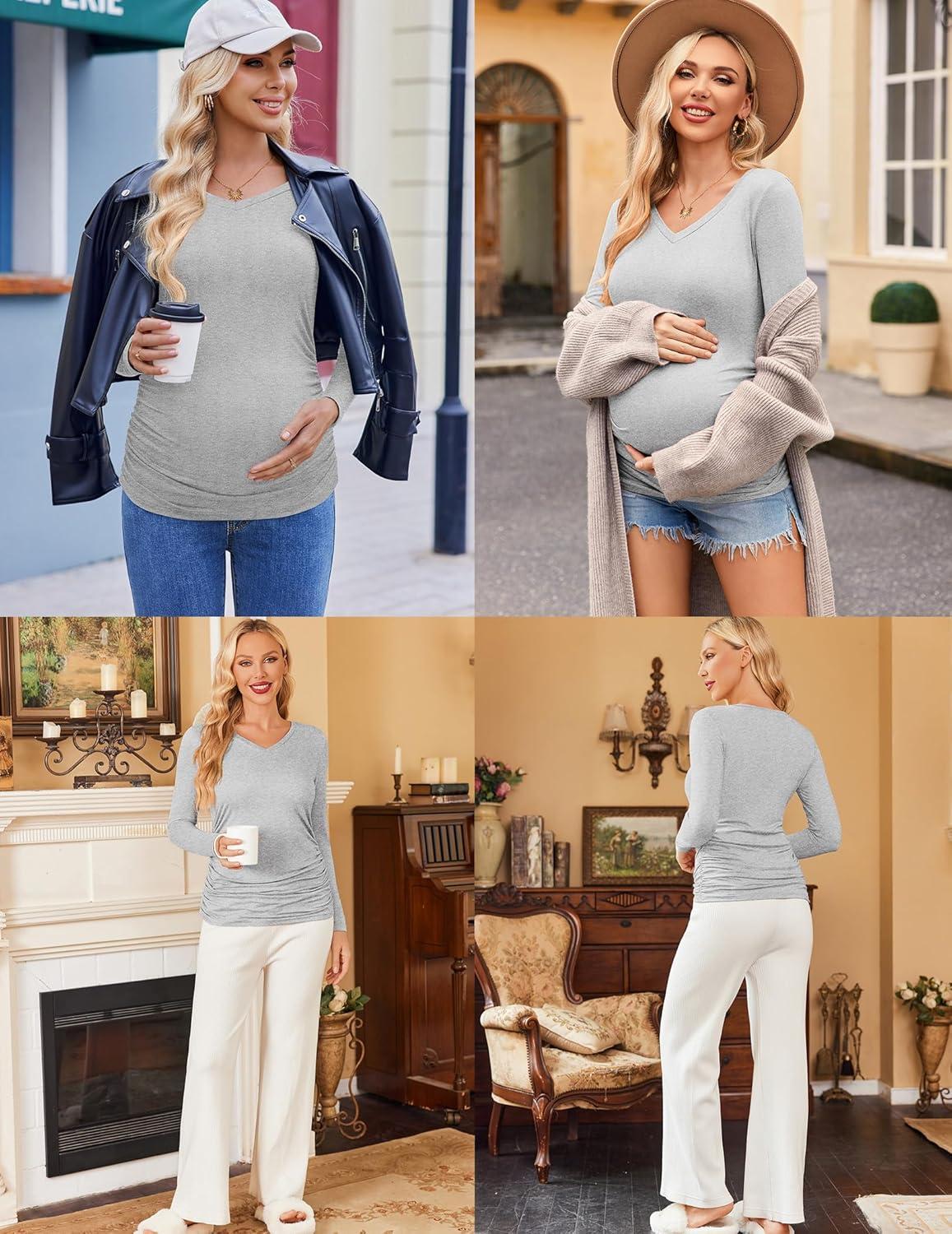 imageEkouaer Womens Maternity Shirts Long Sleeve 3 Packs Pregnancy VNeck Clothes Side Ruched Blouse Tops for Mama SXXLBlackLight GreyDirty Pink