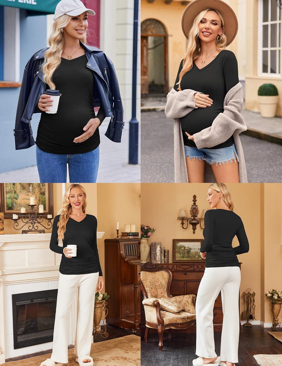 imageEkouaer Womens Maternity Shirts Long Sleeve 3 Packs Pregnancy VNeck Clothes Side Ruched Blouse Tops for Mama SXXLBlackLight GreyDirty Pink